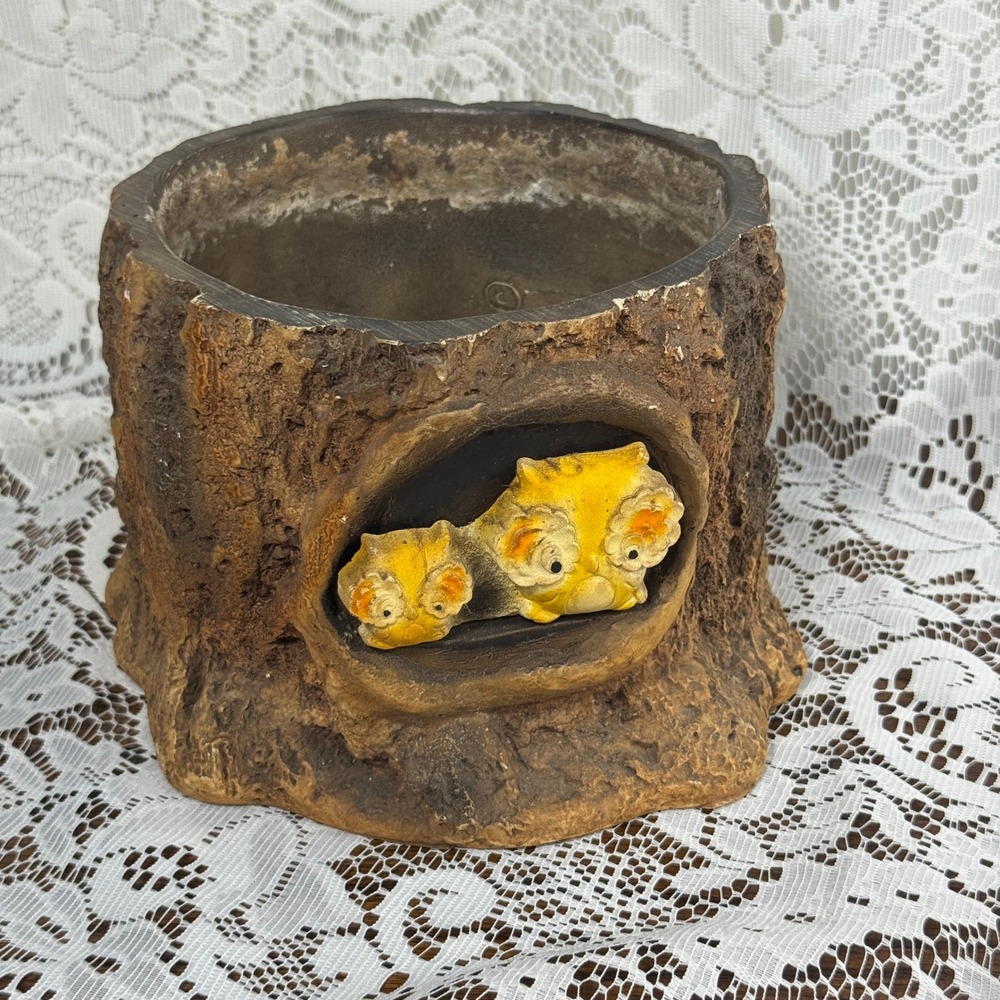 Vintage 1978 GAP Tree Stump Owl Planter Yellow Owls Faux Bois Woodland Kitschy